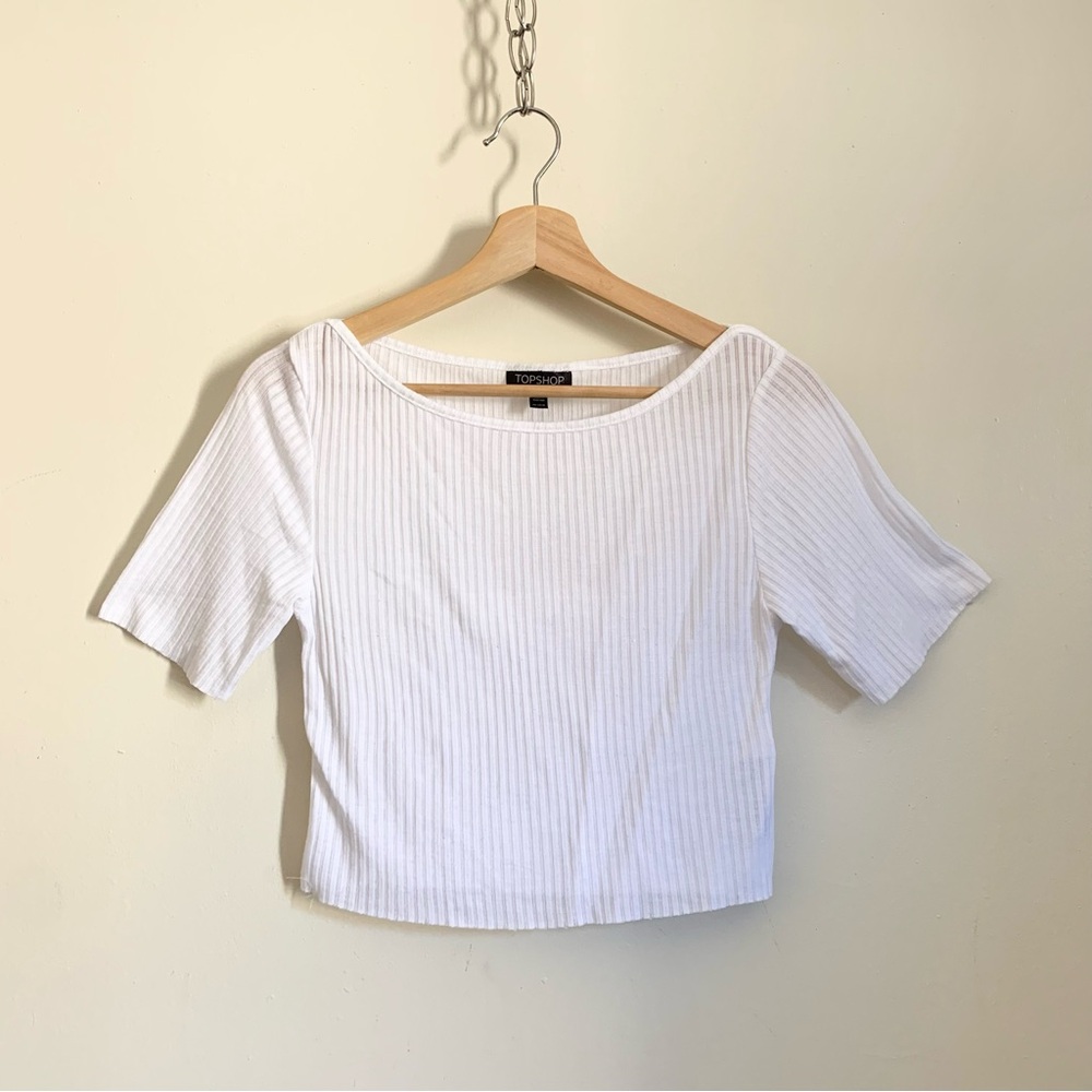 TopShop White Ribbed Short Sleeves See Through Crop Top US 8